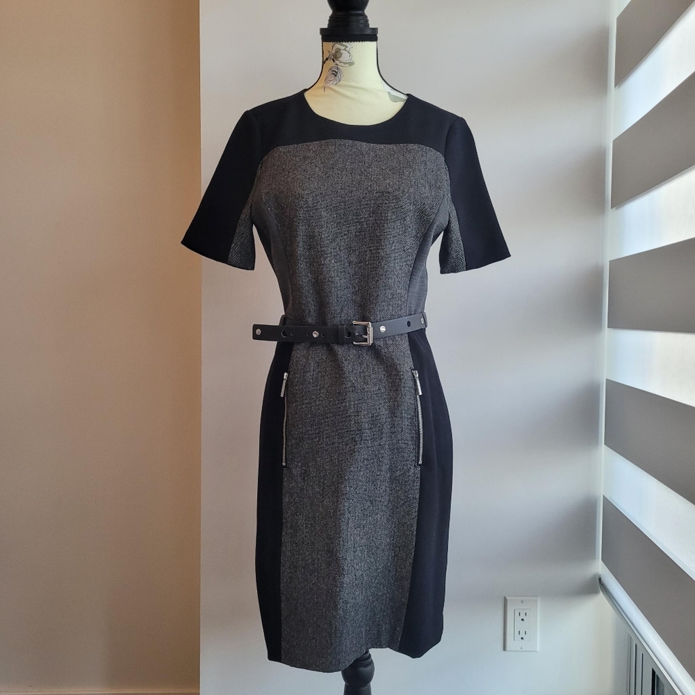Michael Kors Black and Grey Wickham Dress with Belt